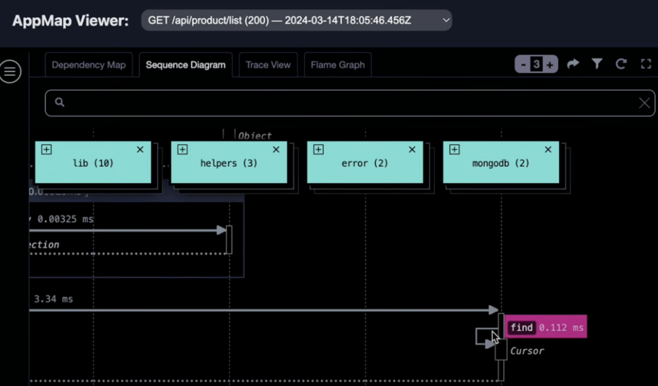 Screen grab of a AppMap Viewer with an interactive diagram for a MongoDB query. 